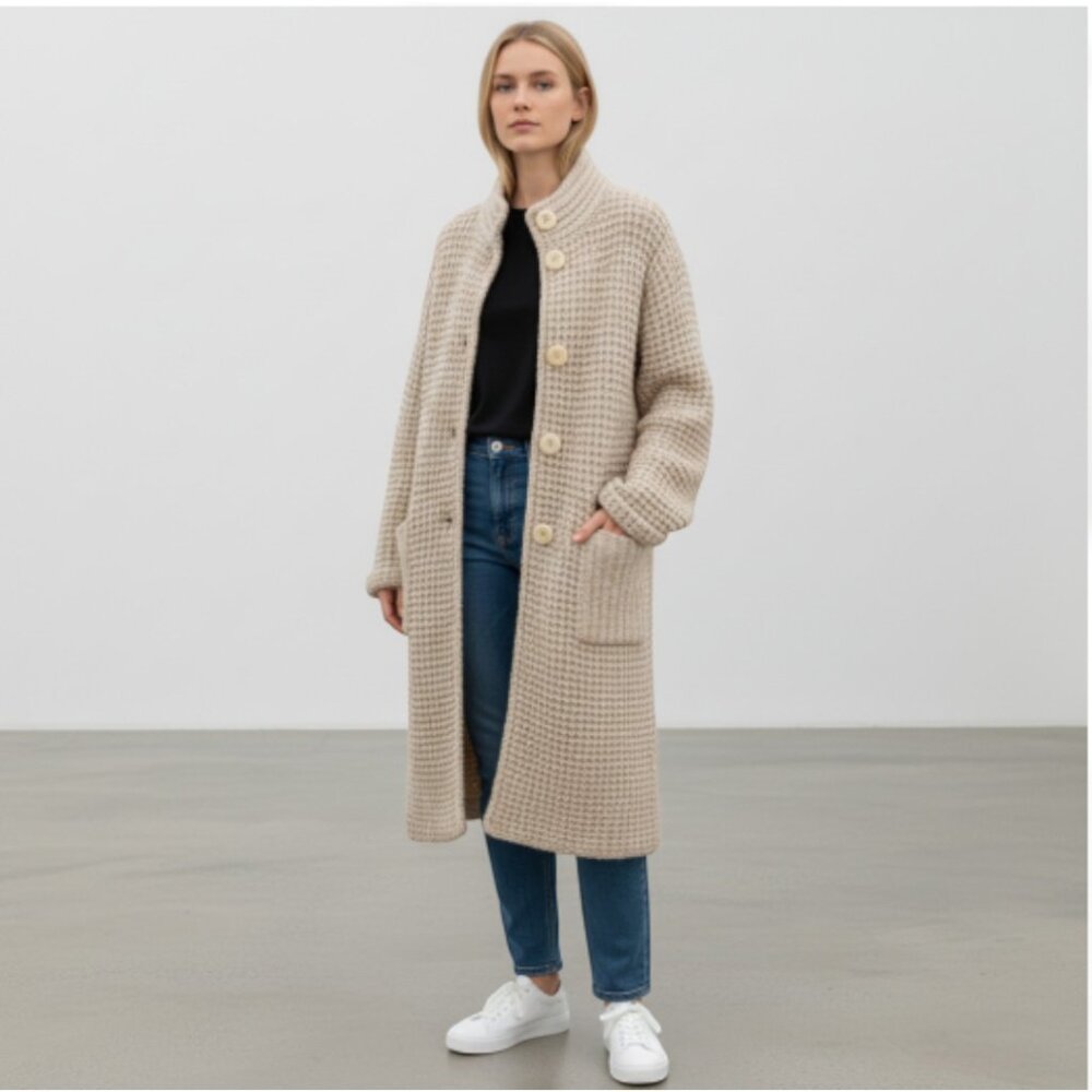Vintage Long Wool Button Down Coat Jacket Cardigan Cable Knit Women's Medium - Picture 3 of 12